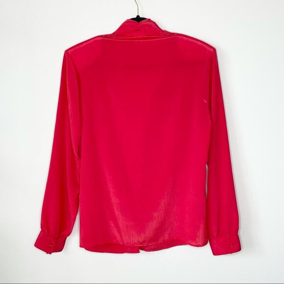 VINTAGE red tie neck long sleeve silky blouse fits size Large - Picture 5 of 8